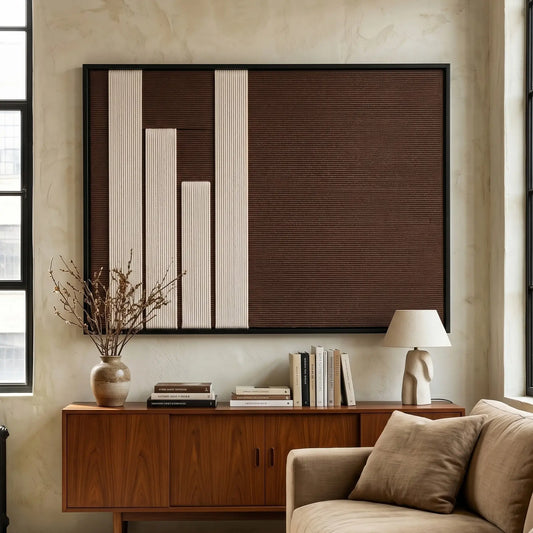 The Timeless Trace hand-woven tapestry hangs elegantly above a mid-century wooden console, styled with a beige sofa to create a serene living room.