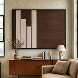 The Timeless Trace hand-woven tapestry hangs elegantly above a mid-century wooden console, styled with a beige sofa to create a serene living room.
