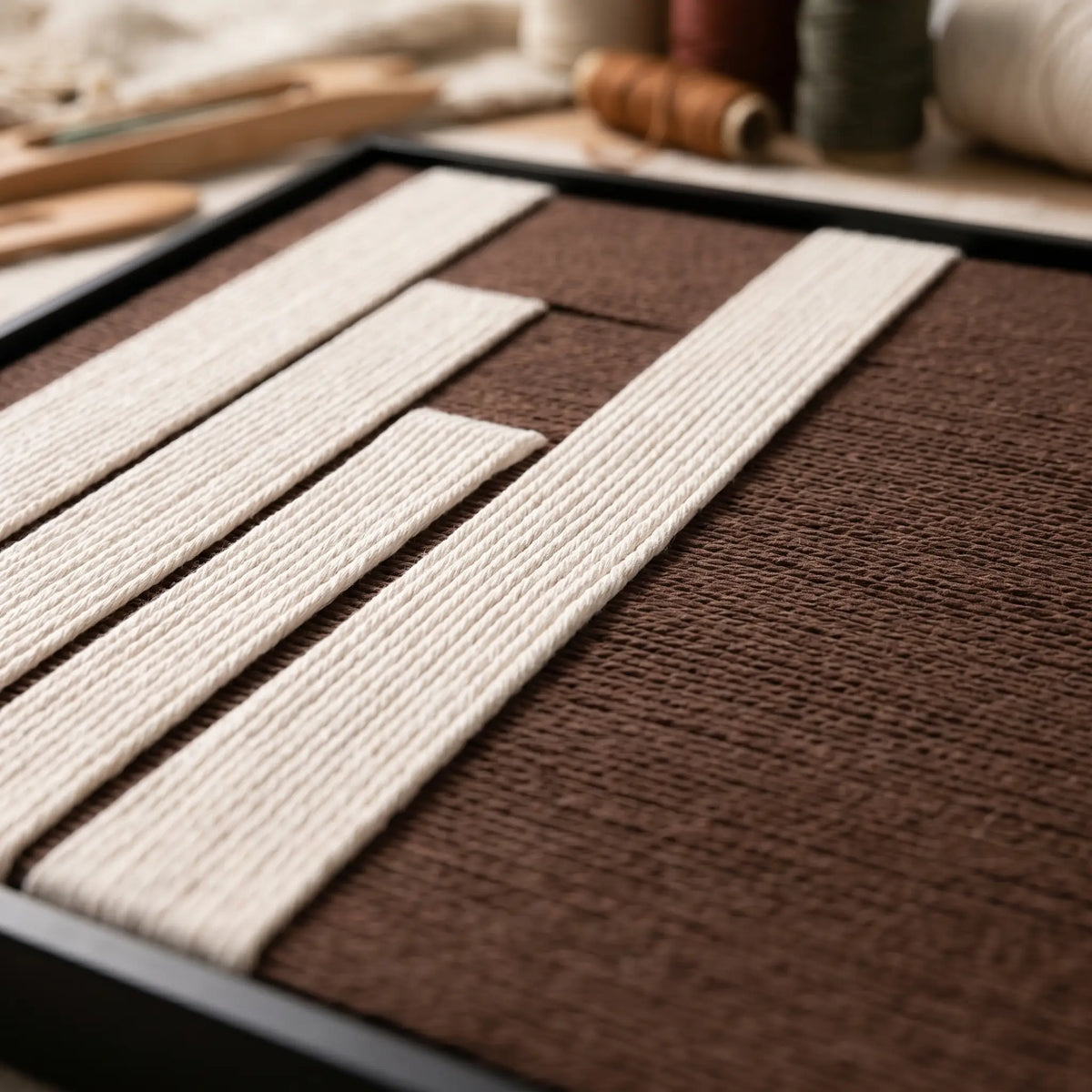 Detailed macro view of the Timeless Trace hand-woven wool tapestry featuring cream vertical panels against a textured dark brown background.