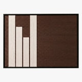 Frontal studio shot of the Timeless Trace rectangular hand-woven tapestry, displaying minimalist cream and brown geometric blocks on white background.