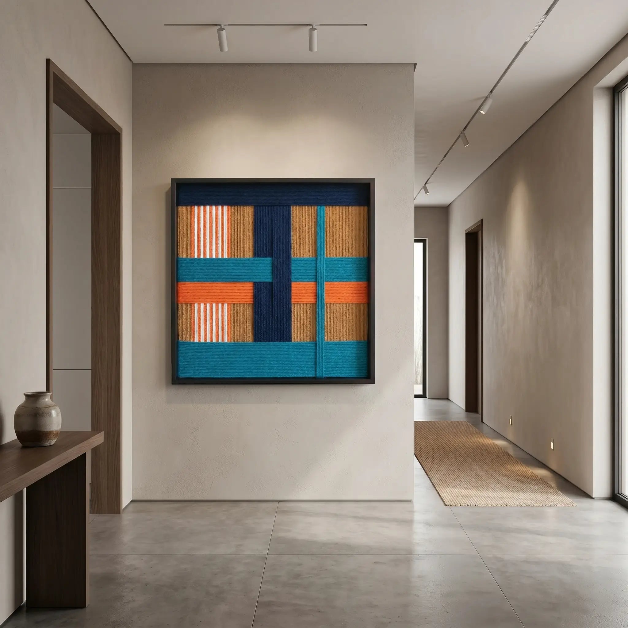 Framed fiber wall art creating a colorful focal point at the end of a minimalist modern hallway with light wood accents.