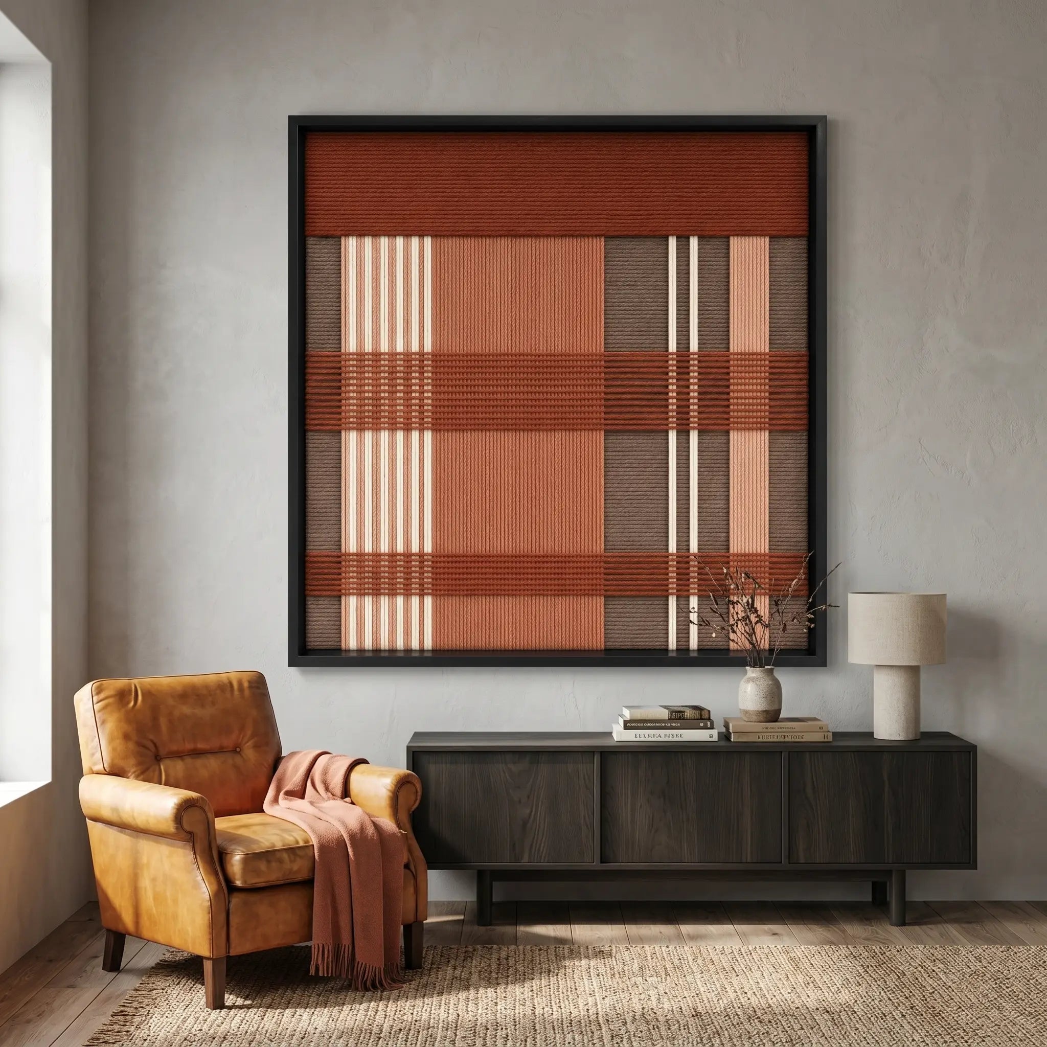 Large square Tuscan Plaid hand-woven wall art hanging elegantly above a sleek black sideboard next to a tan leather armchair in a modern living room.