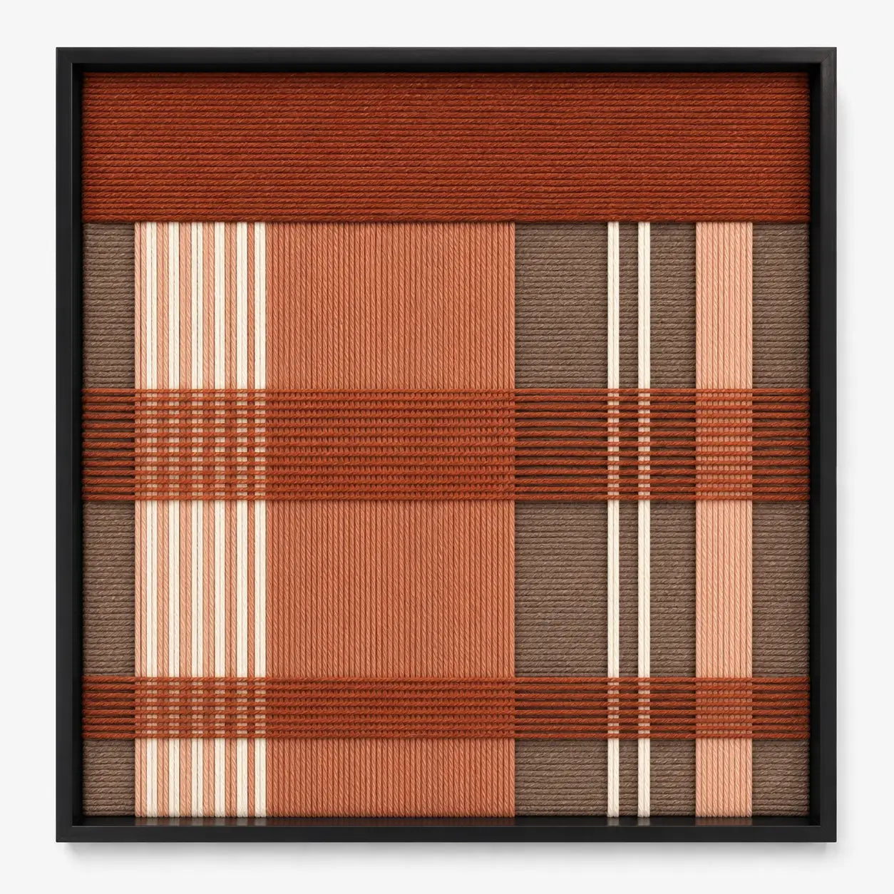 Frontal studio shot of the Tuscan Plaid square hand-woven textile wall art featuring deep terracotta, rust, and brown geometric plaid patterns in a black frame.