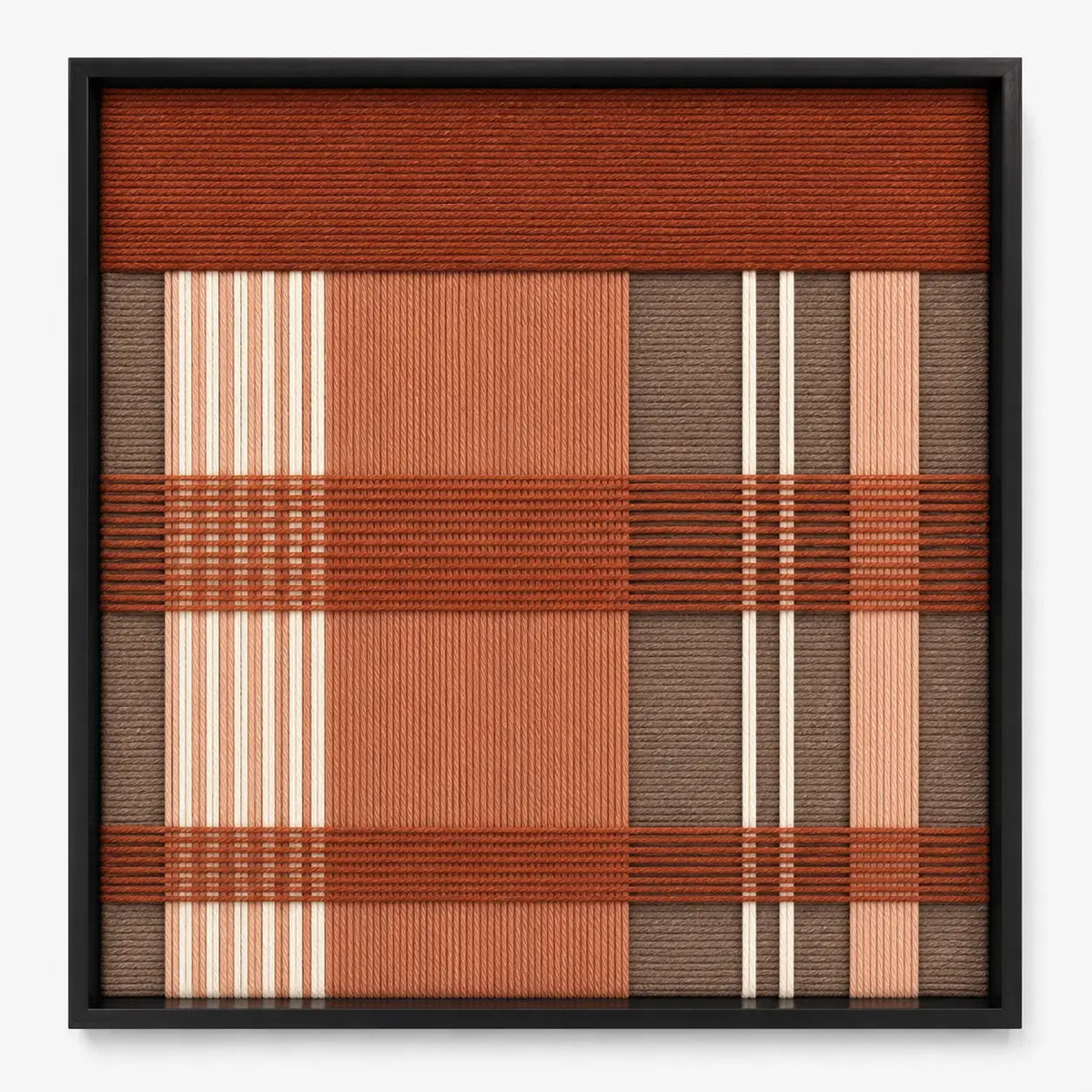 Frontal studio shot of the Tuscan Plaid square hand-woven textile wall art featuring deep terracotta, rust, and brown geometric plaid patterns in a black frame.