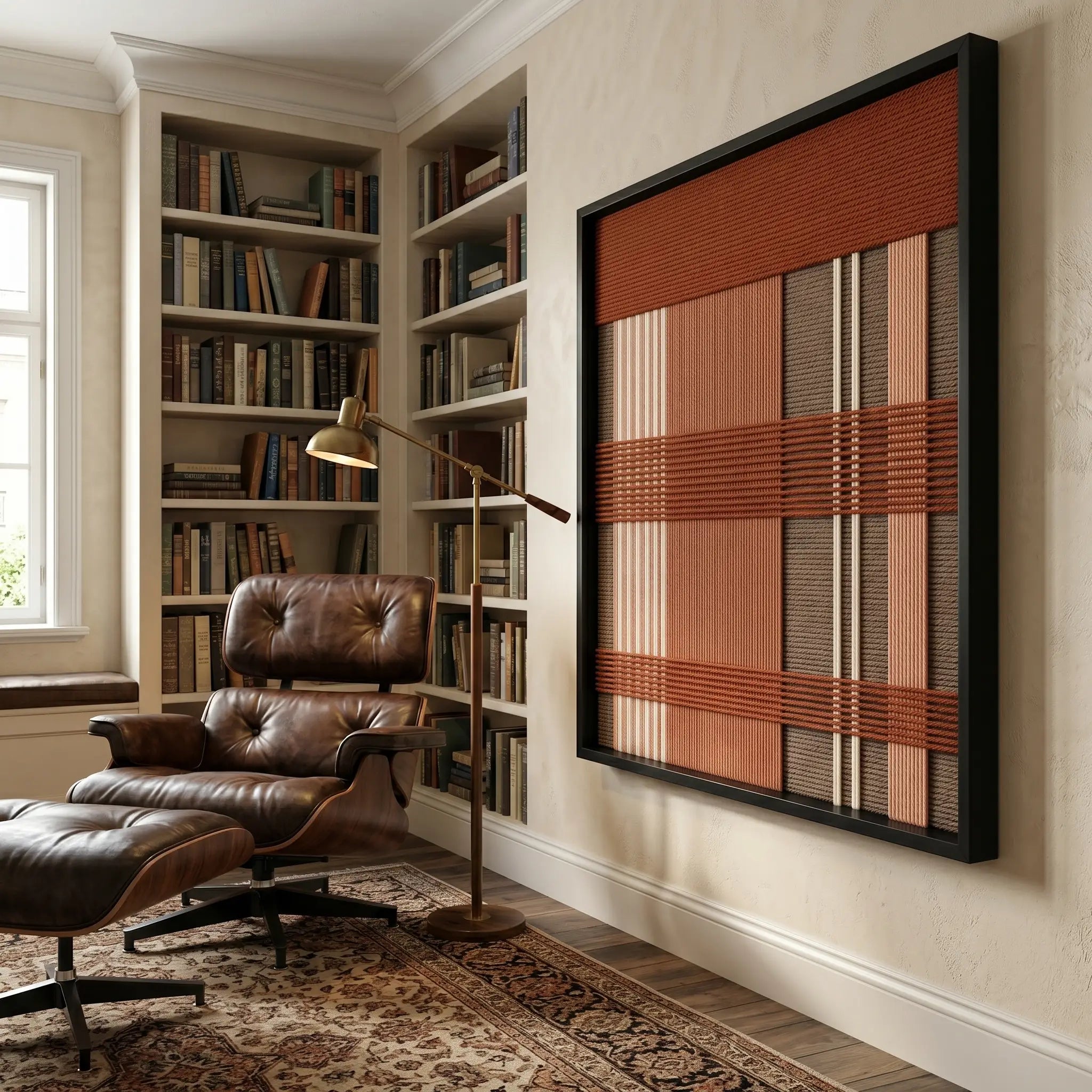 Striking square hand-woven wool tapestry positioned perfectly in a cozy living room library, hanging on a wall next to full-height wooden bookshelves and a leather armchair.