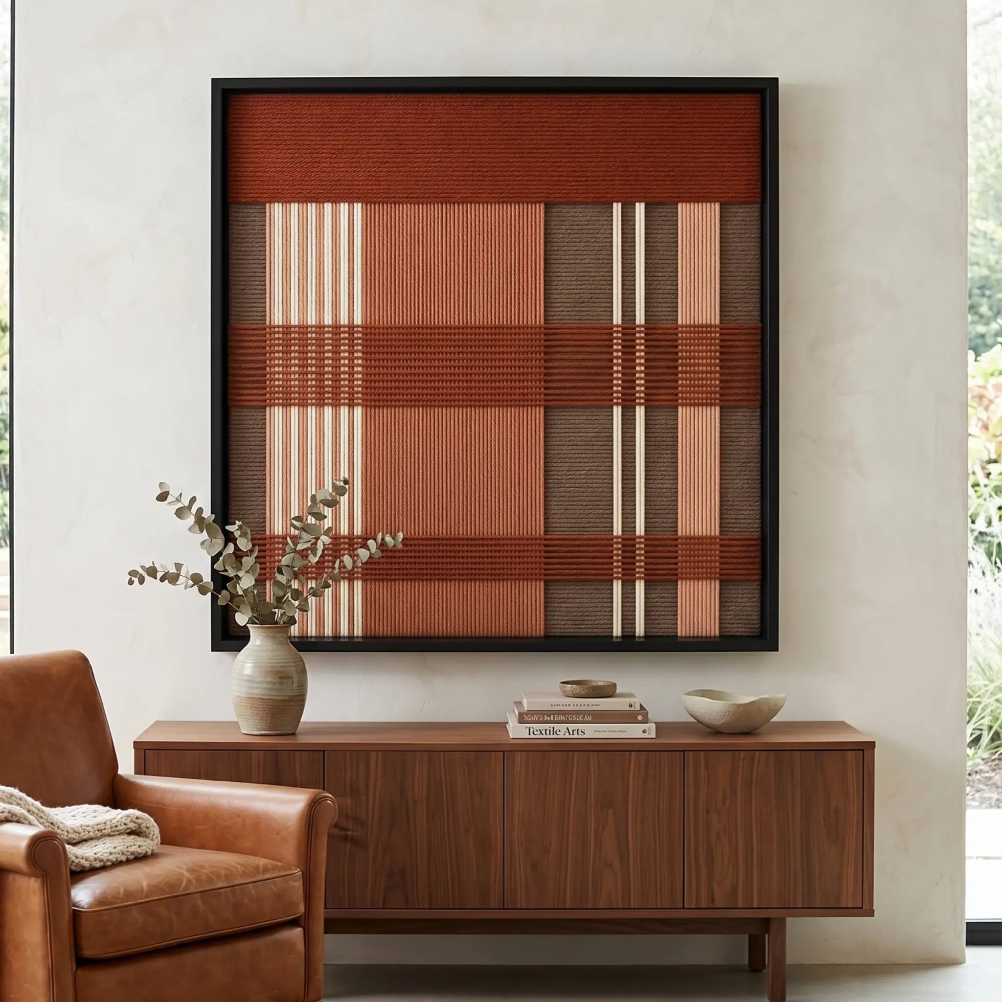 Earth-toned Tuscan Plaid framed wall art styled elegantly above a wooden sideboard adorned with a ceramic vase in a serene living room setting.
