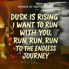 Inspiration graphic for Twilight Rush featuring a dusk skyline motif and the quote “Dusk is rising — I want to run with you, run, run, run to the endless journey.”

