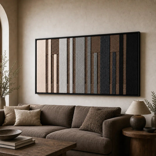 Large framed Umber Columns hand-woven wall art hanging elegantly above a cozy brown sofa in a warm, neutral living room setting.