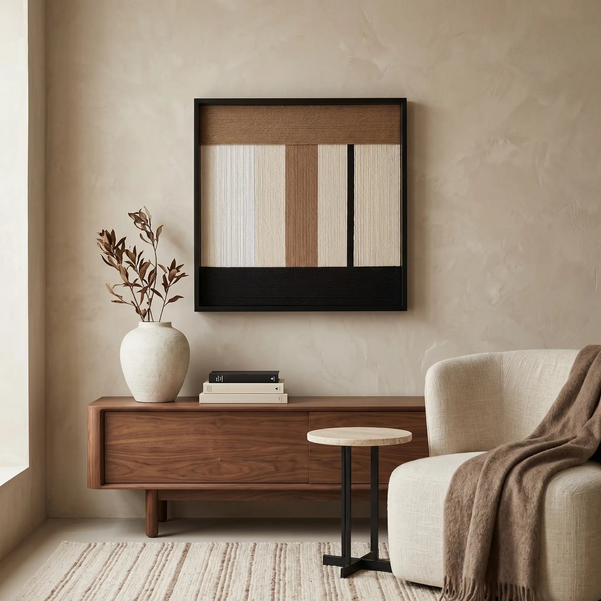 Framed fiber art tapestry with neutral cream and brown geometric blocks styled above a mid-century modern wooden sideboard and armchair.