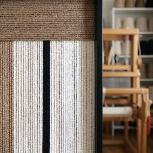 Macro view of the vertical hand-woven wool patterns showing the contrast between cream and brown textured fiber sections.