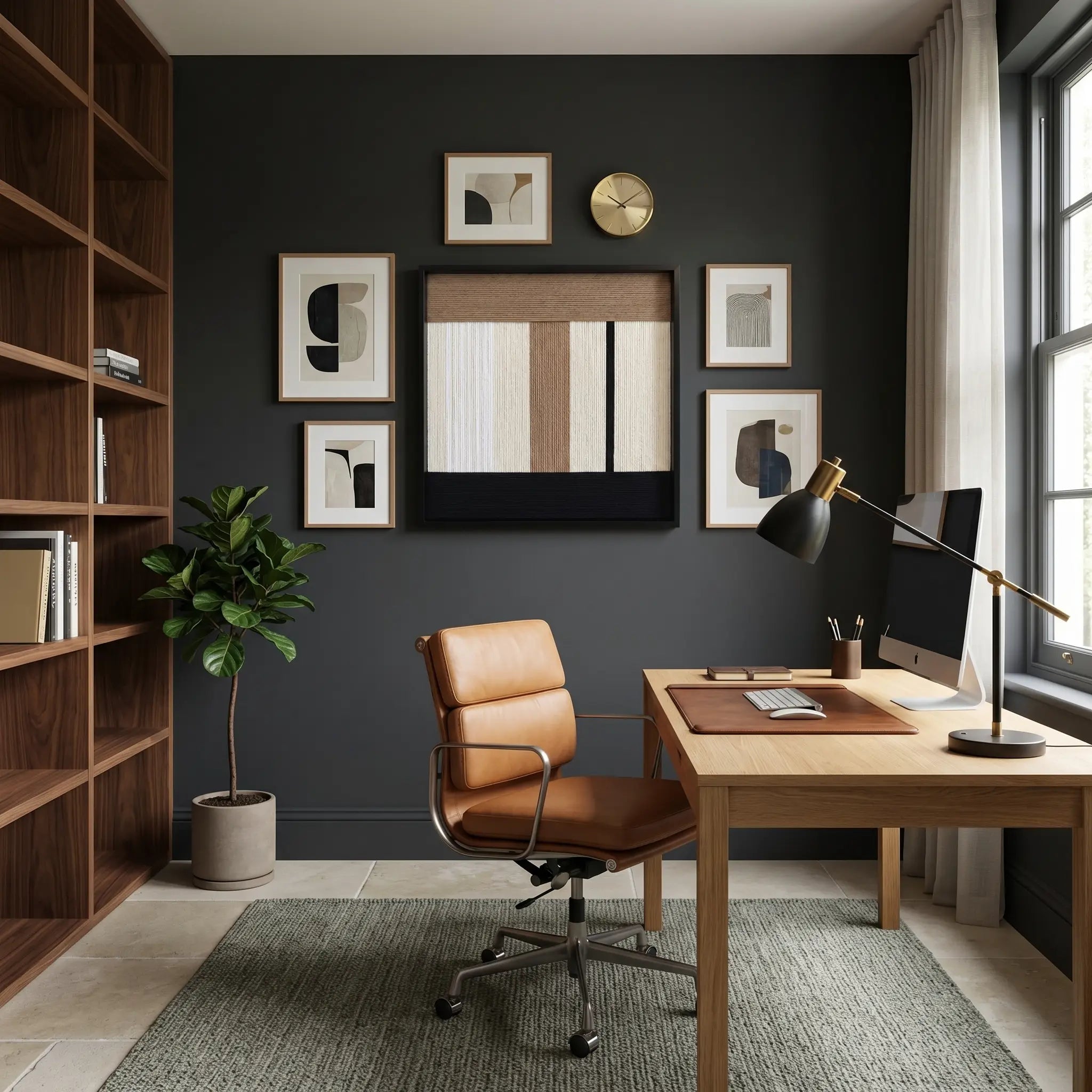 Hand-woven wool wall art featured in a gallery wall arrangement within a dark grey home office with a leather chair.