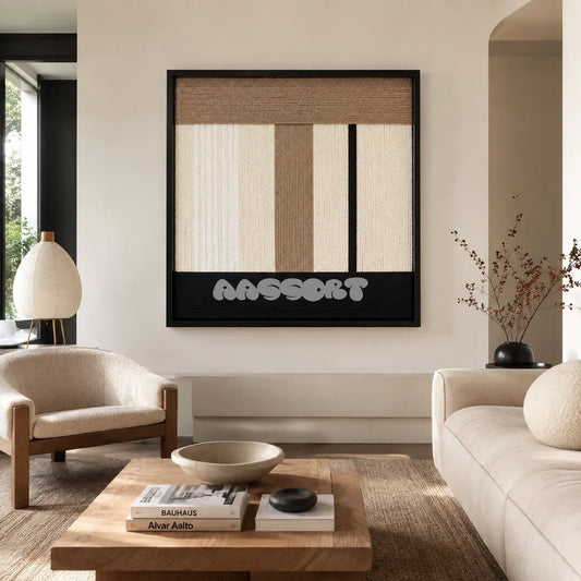 Undisturbed Snow cream taupe and black textile wall art displayed above a low cabinet in a bright minimalist living room.