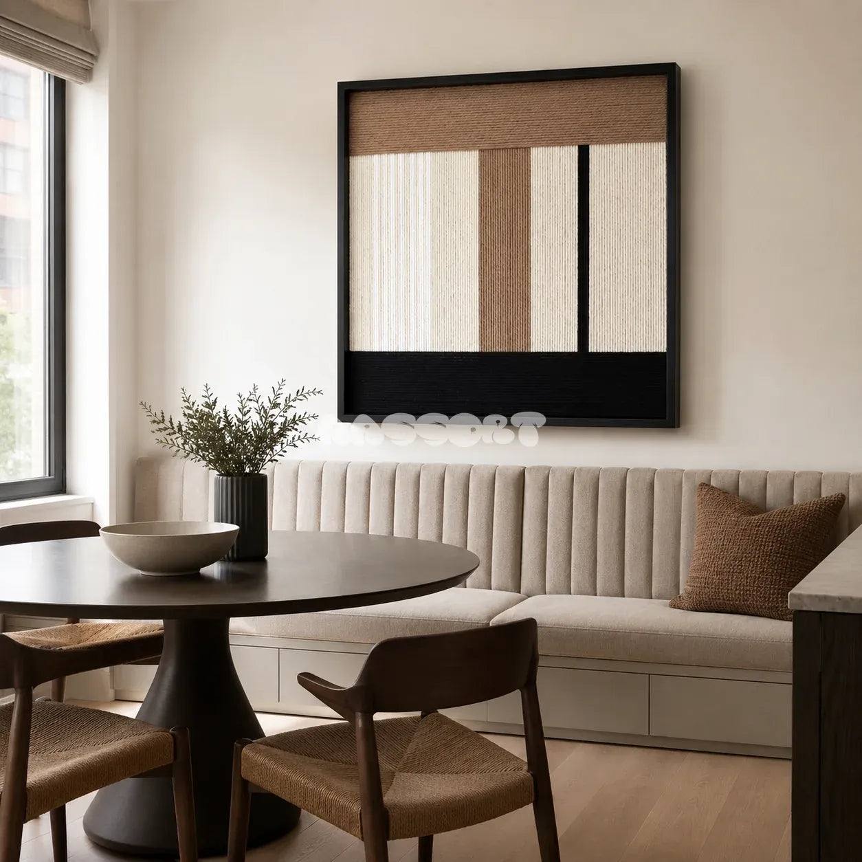 Undisturbed Snow cream taupe and black textile wall art featured above an upholstered bench in a modern dining nook.