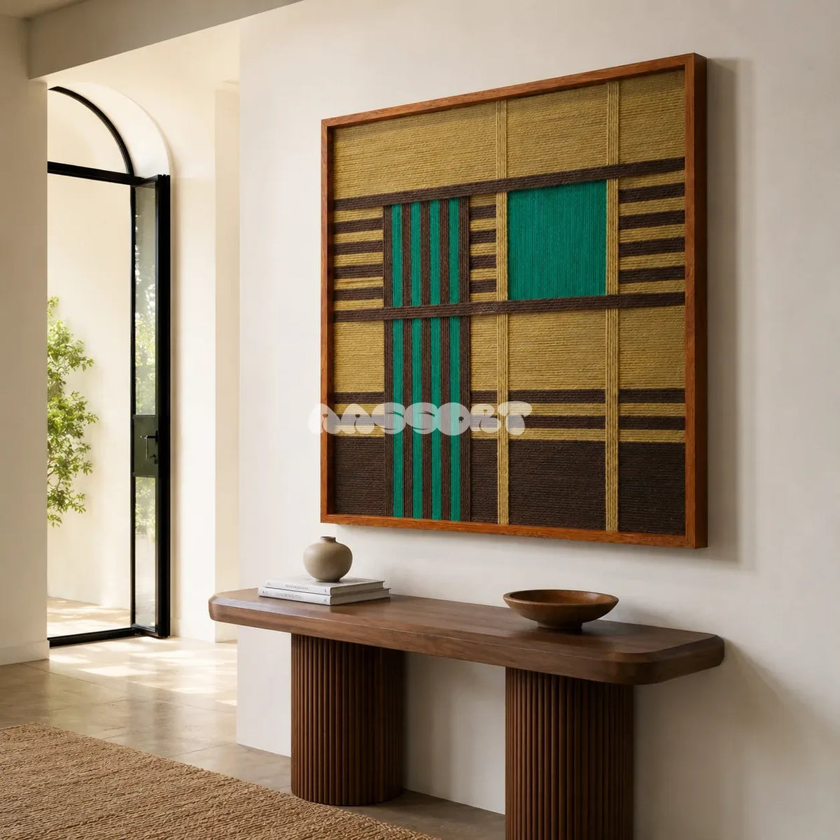 Vast Horizon geometric yarn wall art displayed above a wooden console in a bright modern entryway.