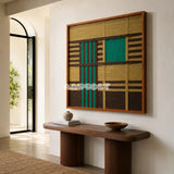 Vast Horizon geometric yarn wall art displayed above a wooden console in a bright modern entryway.