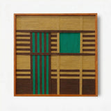 Vast Horizon framed geometric yarn wall art featuring tan and brown bands with emerald green panels on a white background.