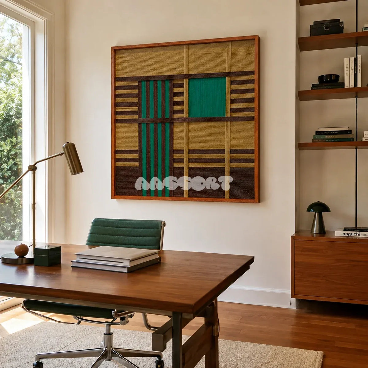 Vast Horizon geometric yarn wall art displayed above a wooden desk in a sunlit modern home office.