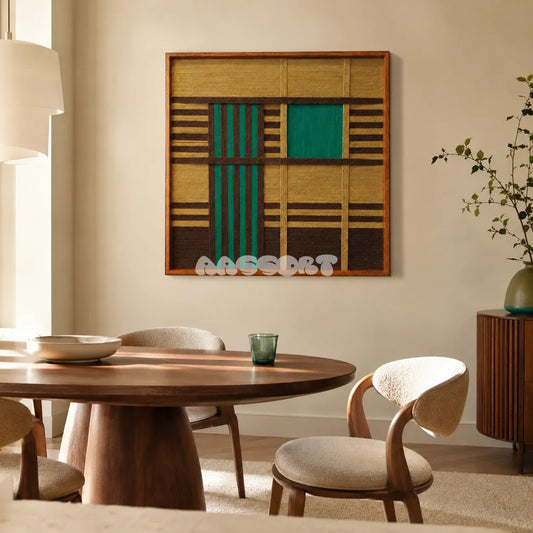 Vast Horizon geometric yarn wall art in tan, brown, and emerald green displayed in a sunlit modern dining room.