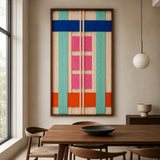 Vegas Strip hand-woven tapestry styled elegantly above a wooden dining table in a bright, contemporary dining room interior space.
