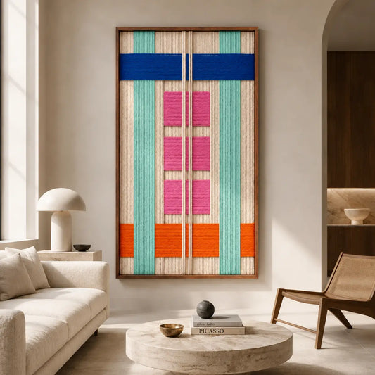 A large Vegas Strip hand-woven wool tapestry displayed in a modern living room with neutral furniture and warm lighting.