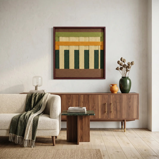 Hand-woven wool wall art with green, orange, and brown geometric patterns hanging above a walnut sideboard in a bright, modern living room.