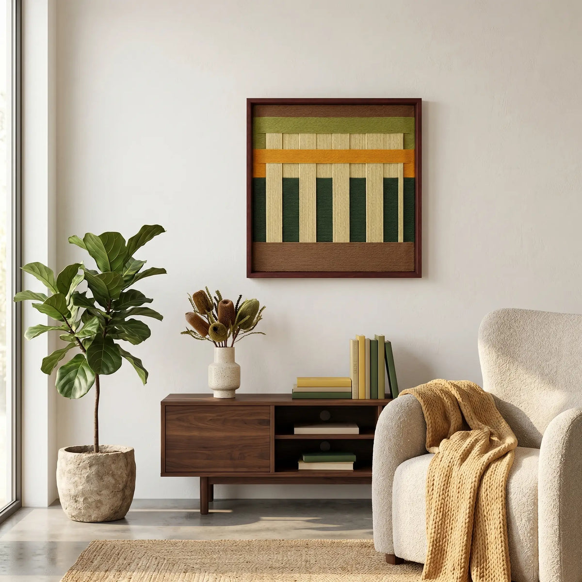 Modern soft cotton cord wall decor styled in a cozy room corner above a small wooden unit, next to a fiddle leaf fig plant and armchair.