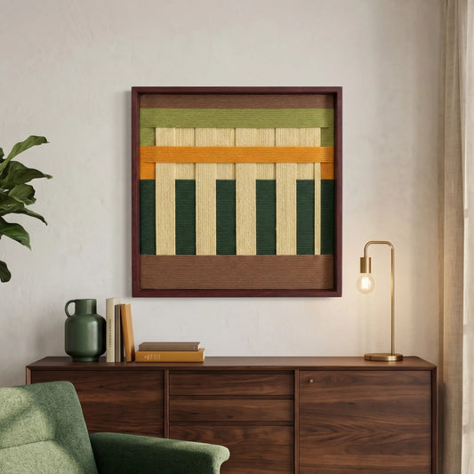 A close-up view of the hand-woven wool tapestry above a wooden sideboard featuring a gold lamp and green velvet armchair accents.