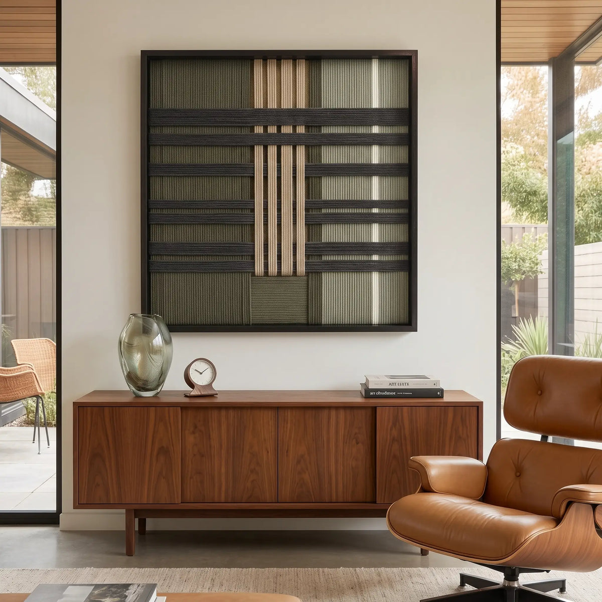 Sophisticated Verdant Silence hand-woven tapestry hanging above a wooden credenza in a modern living room with a tan leather lounge chair.