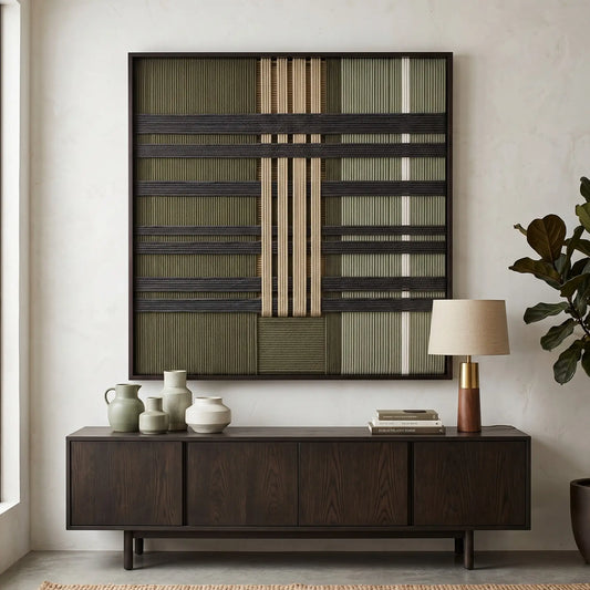 Framed Verdant Silence textile wall art styled elegantly above a dark wood sideboard in a sunlit modern living room setting.