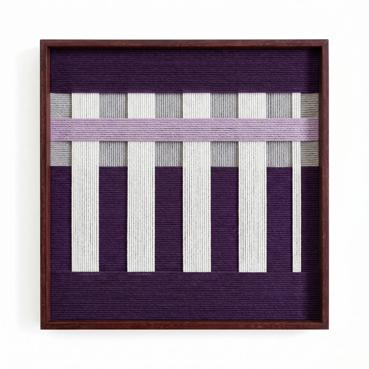 Direct front view of the Violet Aftershock soft cotton cord fiber artwork showcasing the intricate vertical columns and horizontal lilac fiber weaving.