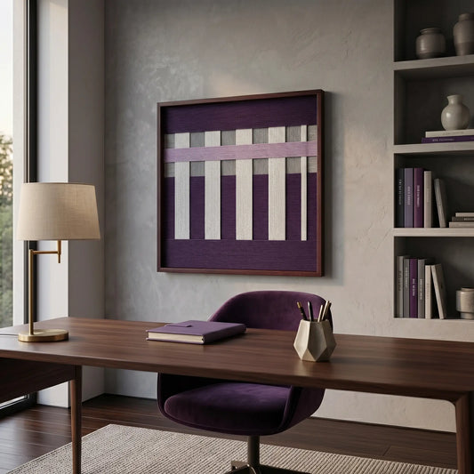 Framed fiber art tapestry in shades of plum and lilac displayed in a professional study with a walnut desk and purple chair.