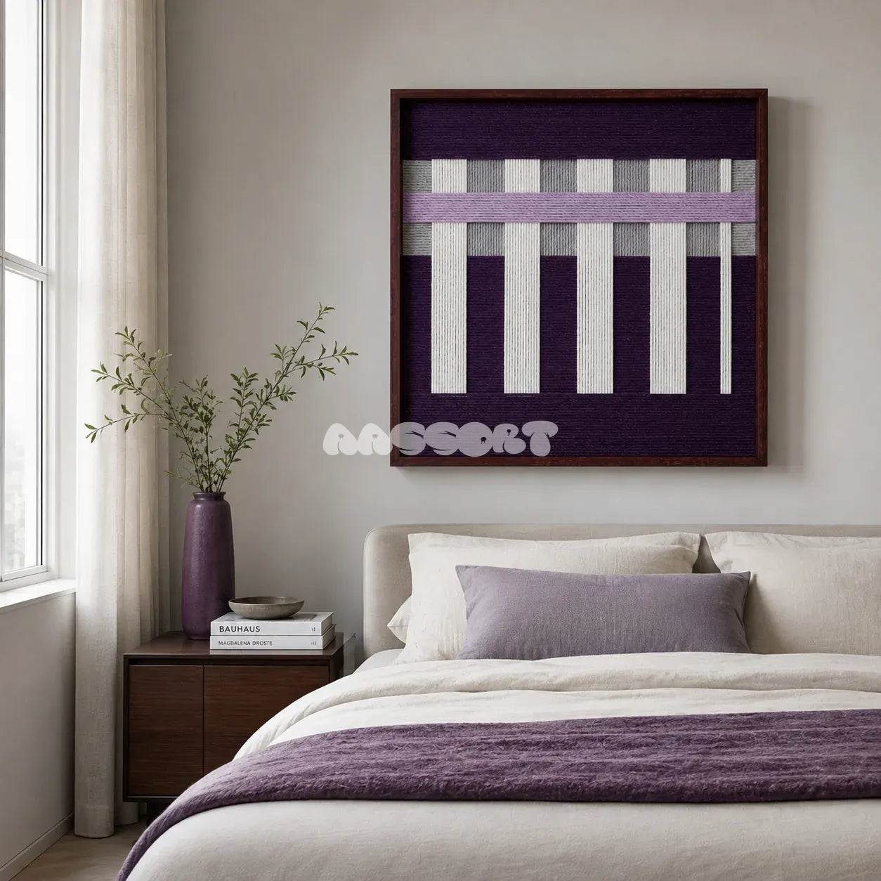 Violet Aftershock purple lavender and white textile wall art displayed above a bed in a bright contemporary bedroom.