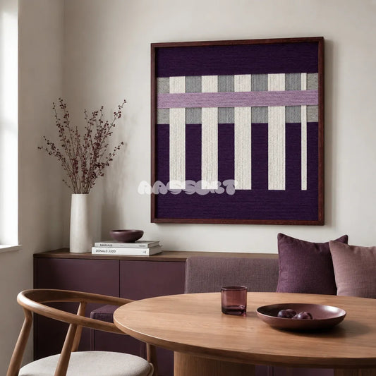 Violet Aftershock purple lavender and white textile wall art styled above a plum sideboard in a modern dining room.