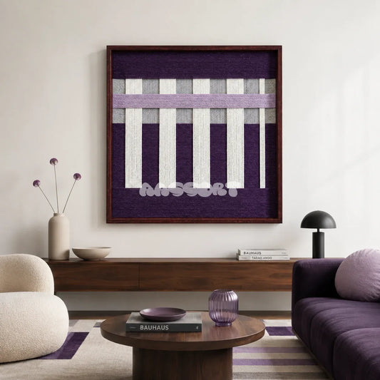 Violet Aftershock purple lavender and white textile wall art displayed above a walnut sideboard in a modern purple-accented living room.