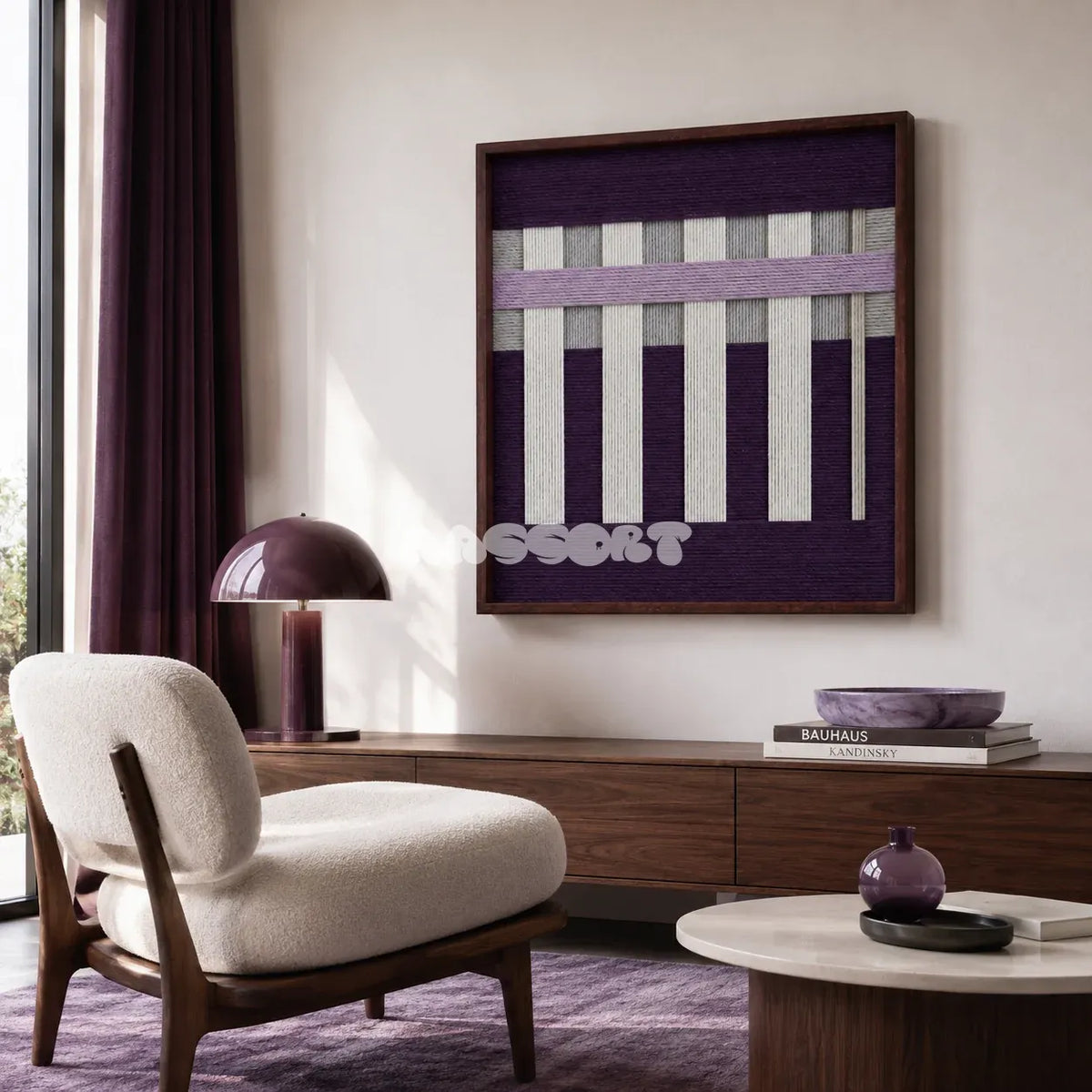 Violet Aftershock purple lavender and white textile wall art featured above a low walnut cabinet in a sunlit reading lounge.