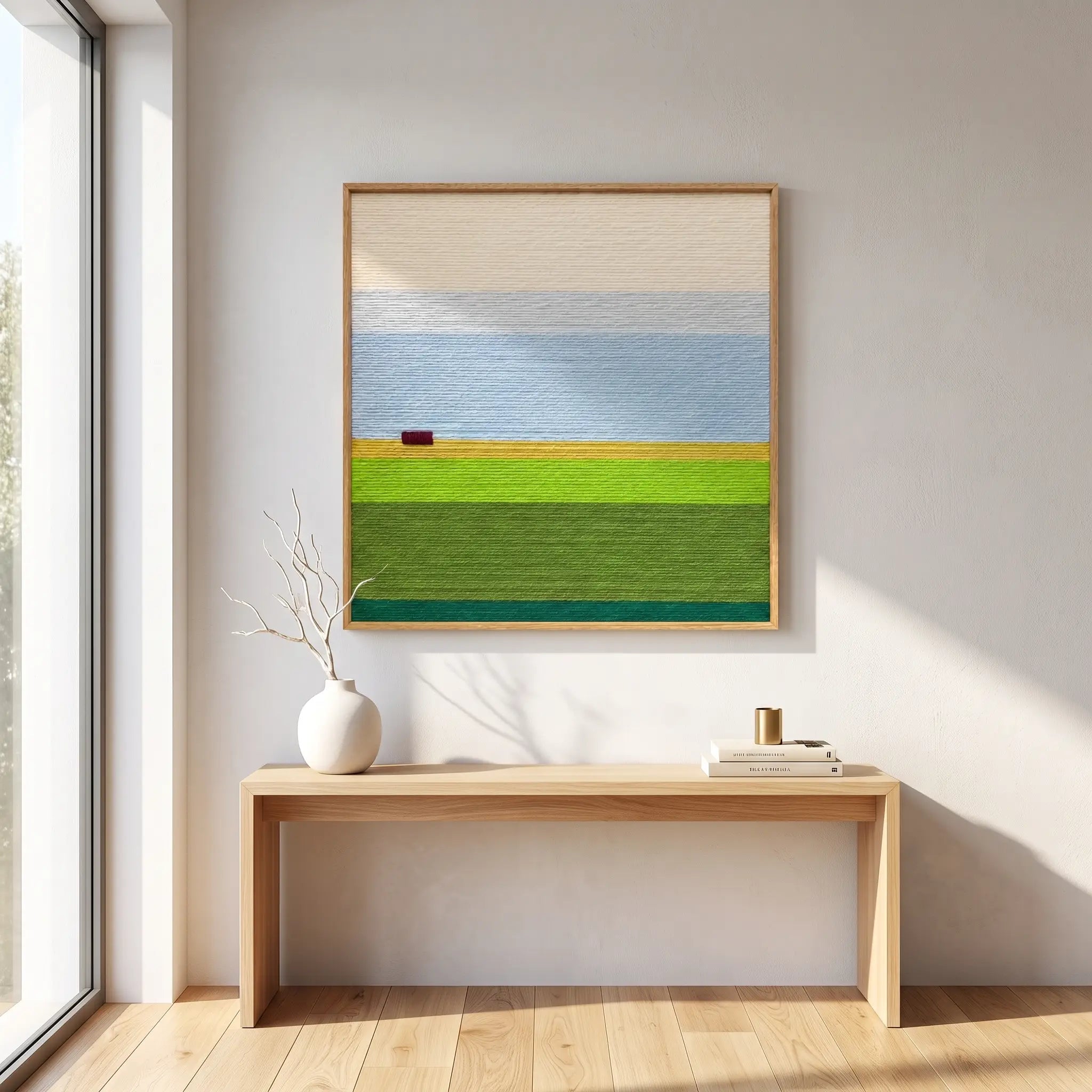 Minimalist console table staging featuring the landscape textile art hanging in a bright, sunlit interior space.