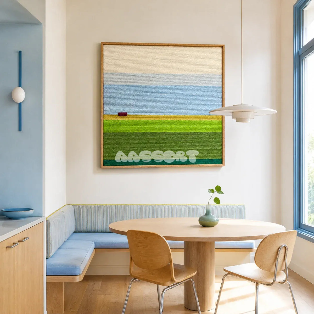Whispering Fields blue and green yarn landscape wall art displayed above a pale blue banquette in a bright modern dining nook.