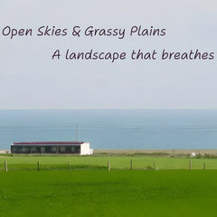 Promotional scenic graphic banner featuring the landscape textile art paired with real field imagery and typography text.