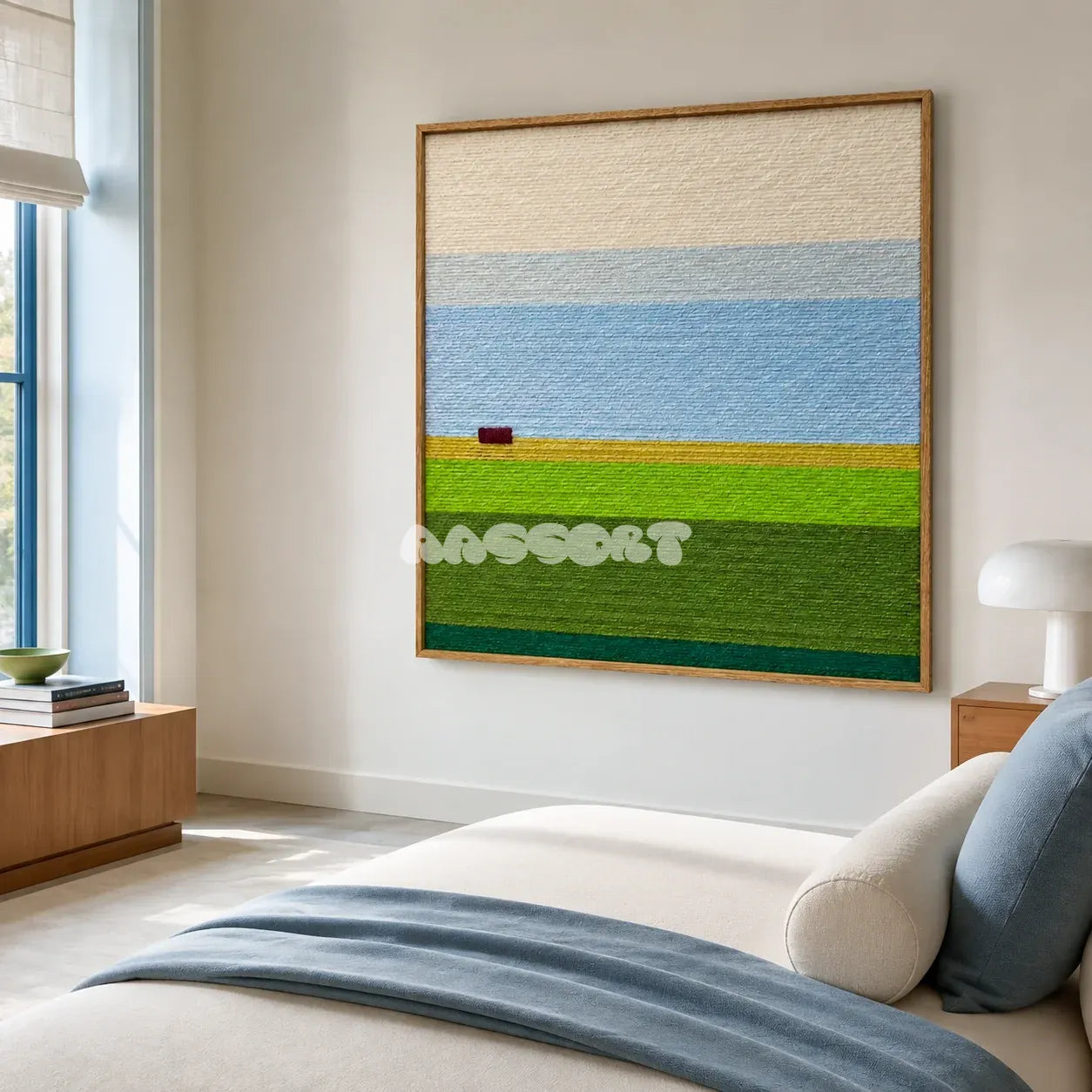 Whispering Fields blue and green yarn landscape wall art displayed above a bed in a serene sunlit bedroom.