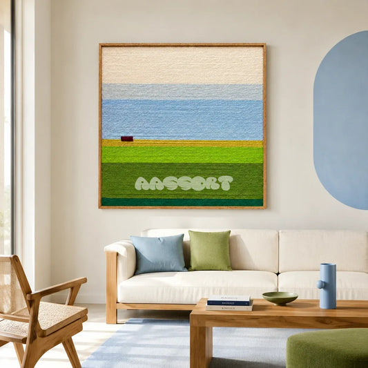 Whispering Fields blue, cream, yellow, and green yarn landscape wall art displayed above a white sofa in a sunlit modern living room.