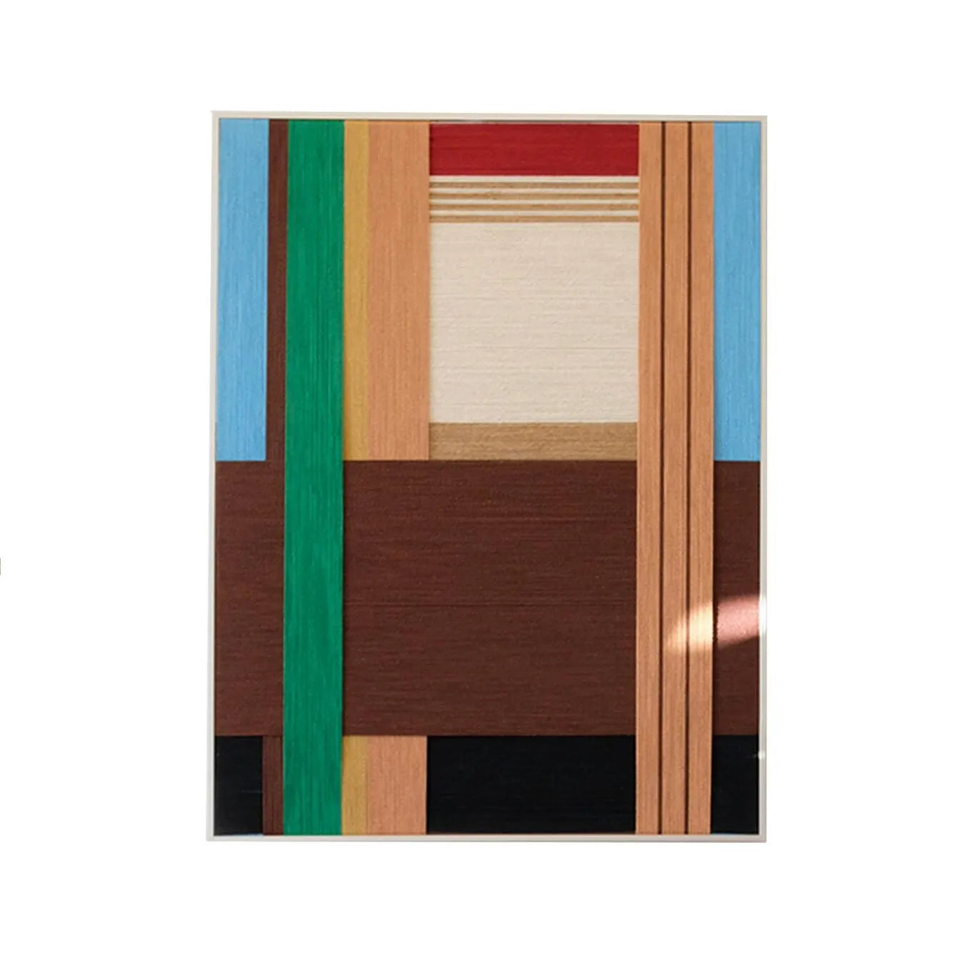 Front view of Wild yarn woven wall art on plain white background, displaying exact square proportions, uniform earth-stripe widths, and minimalist wood border
