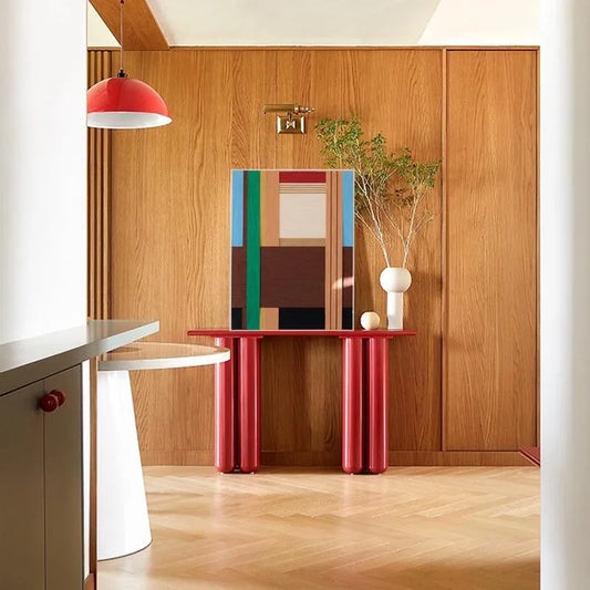 Wild hand-woven yarn wall art showcasing precise vertical earth-stripe blocks in premium wool, woven seamlessly into a sturdy wooden frame
