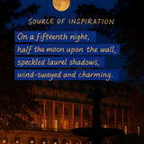 Inspiration graphic for Moonlit Windows featuring a moonlit building and a quote about moonlight and laurel shadows