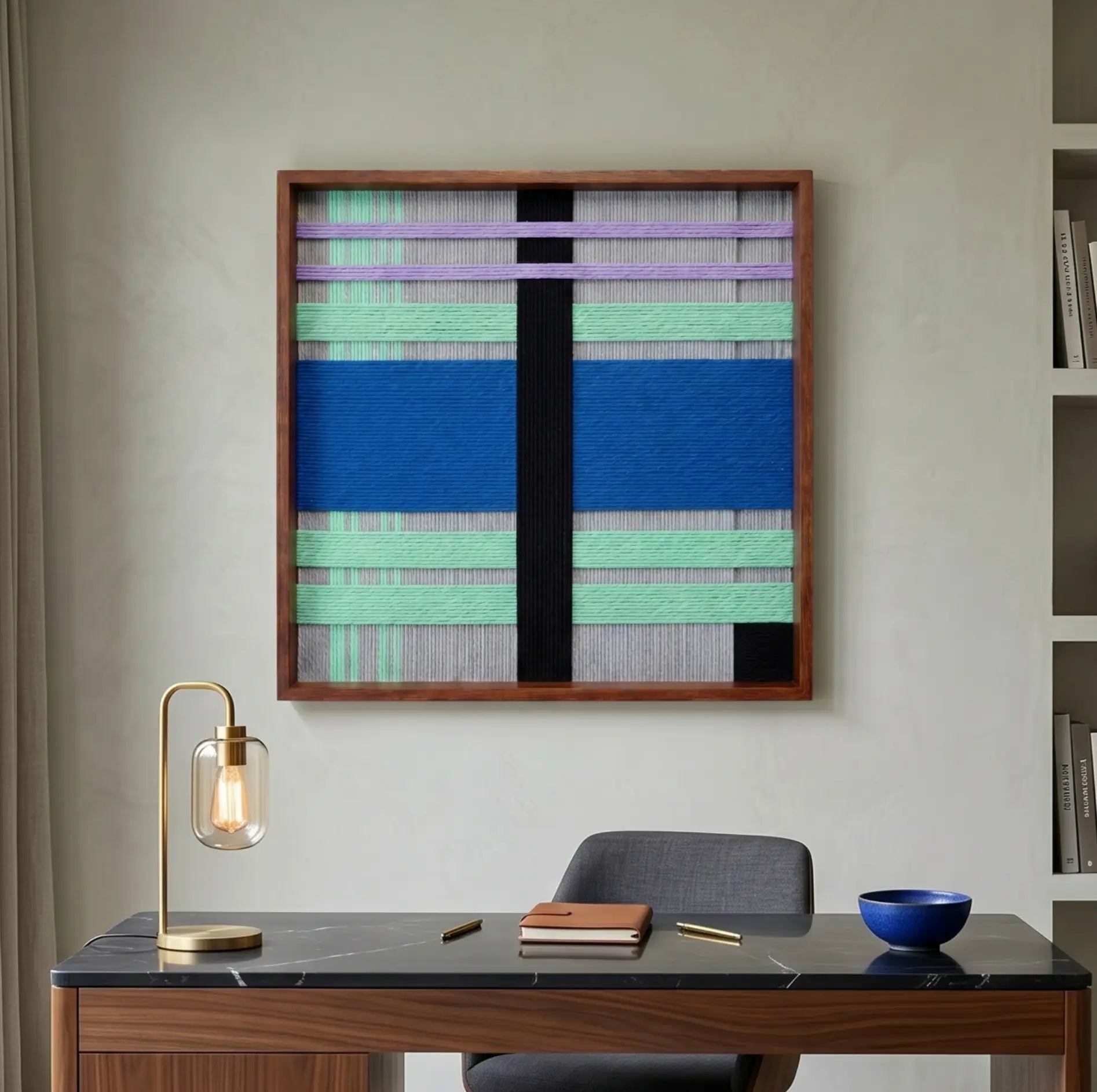 Winter Aurora textured fiber wall art styled in a contemporary home office, hanging above a sleek desk with a brass lamp.