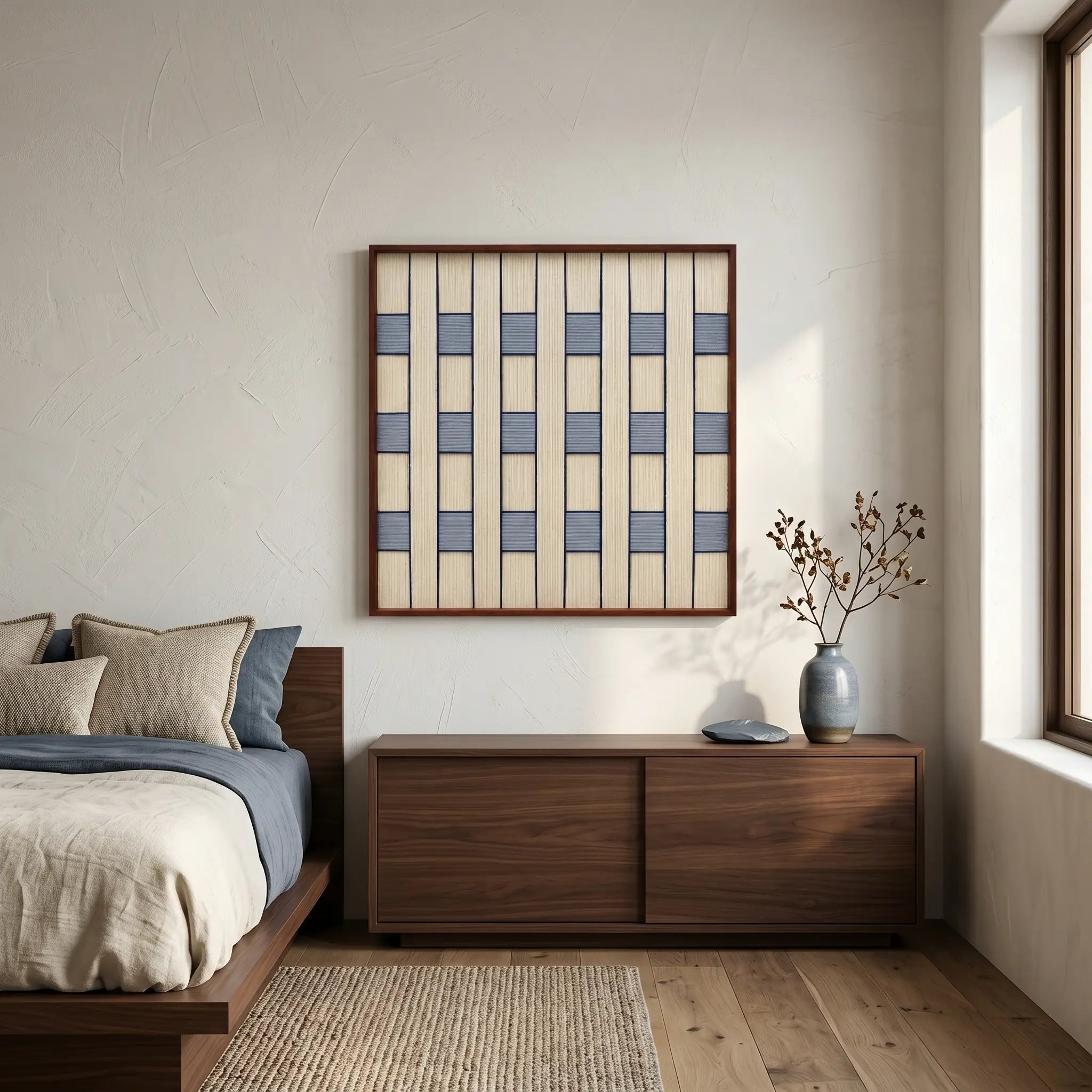 Blue and beige hand-woven fiber art styled in a serene bedroom above a walnut dresser with neutral linens.