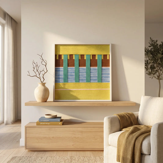 Square Woodland Mirror textile art creating a vibrant focal point in a modern lounge area above a low floating wooden shelf.