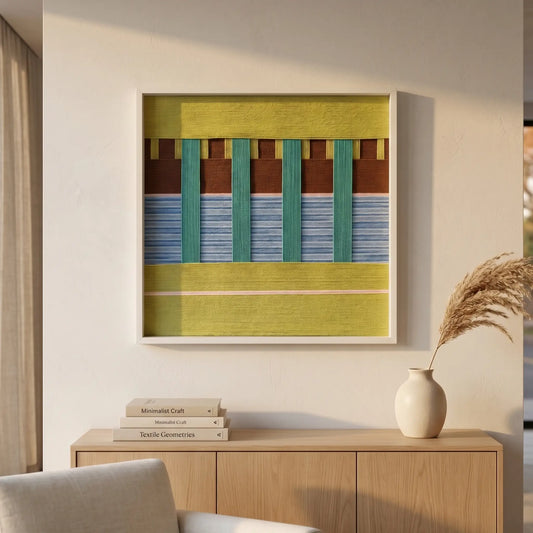 Large square Woodland Mirror textile wall art featuring vibrant green, blue, and brown woven patterns hanging above a light oak sideboard in a sunlit living room.