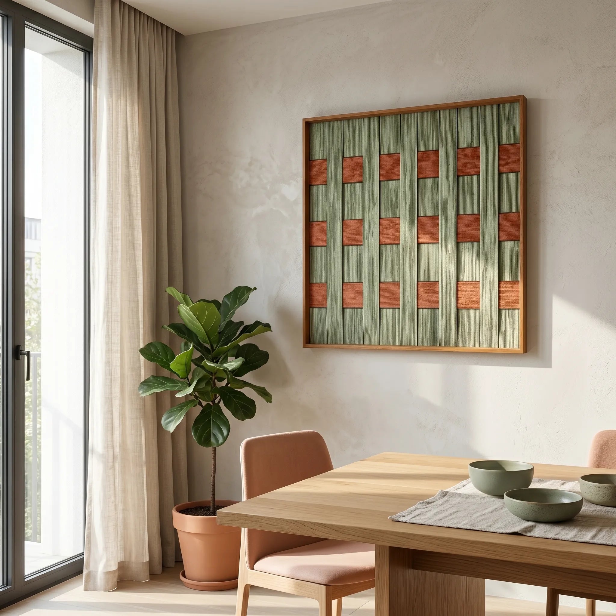 Textured fiber wall hanging with earth tones styled in a dining room setting near a large window and potted plant.