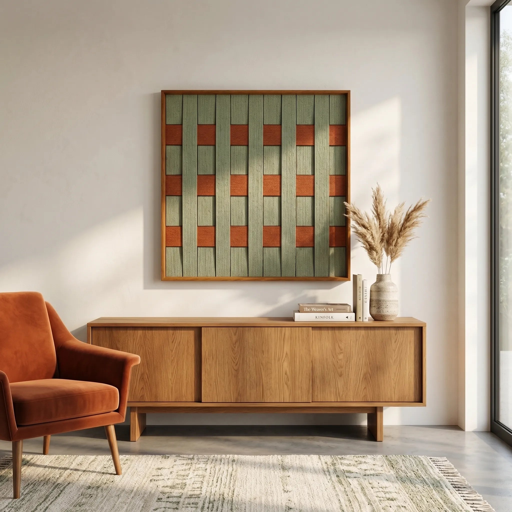 Modern hand-woven wool wall art hanging above a wooden sideboard in a minimalist living room with pampas grass decor.
