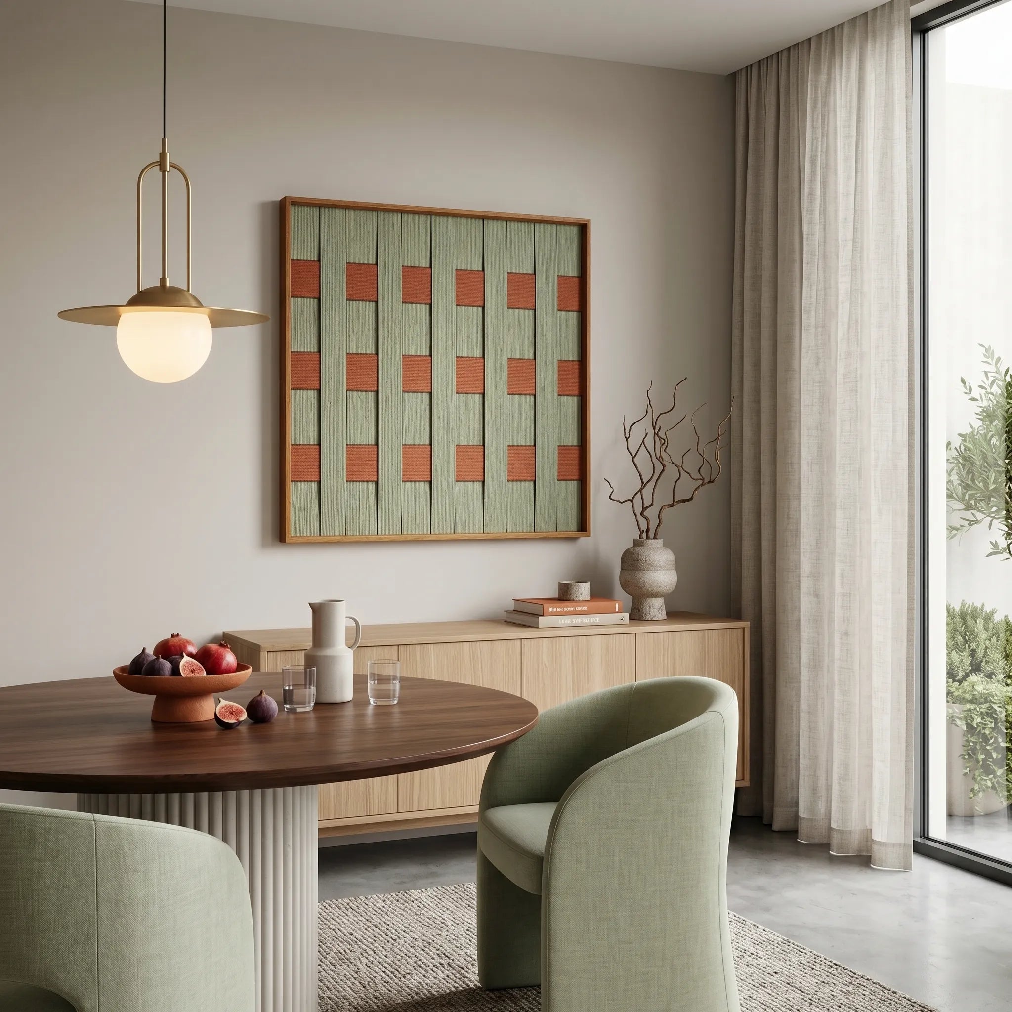 Square hand-woven textile art piece with orange and sage green accents displayed in a warm, cozy dining space with chairs.